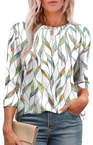 Yeenily Women's Blouse Long Sleeve 3/4 Tunic Round Neck Long Shirt Fashion Leisure Top Elegant Shirt Tops Casual Loose T-Shirt, A-leaf print, S