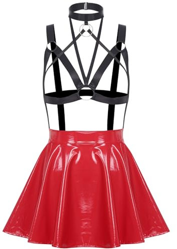 Aislor Damen Lack Leder Dessous Neckholder Lederkleid Wetlook Minikleid Ausgehöhlt Kleid Bodycon Gogo Outfits Valentinstag Clubwear Rot 3XL