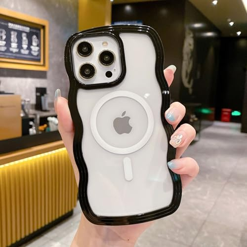 Yhsvie Handyhülle für iPhone 12 pro max Silikonhülle Magnetisch Transparent Hülle Aesthetic Design Wellen Rahmen Cover für Frauen Mädchen Slim Weiche TPU Bumper Case Stoßfeste Schutzhülle -Schwarz