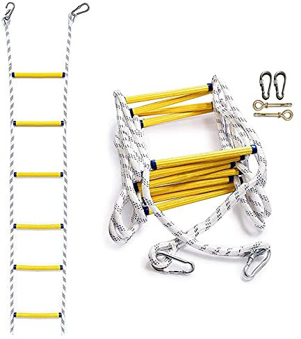 Échelle d'urgence en corde – 3 m, 5 m, 8 m, 10 m, 15 m, 20 m – Échelle de secours pour enfants et adultes – Crochets souples réutilisables pour une évacuation rapide