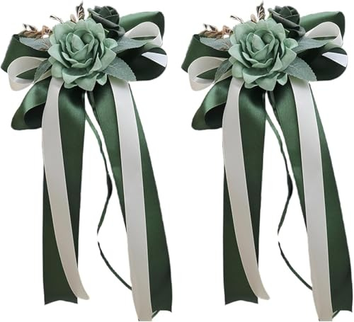 2 Pcs Wedding Car Ribbon Decoration Kit with Artificial Flowers for Car Mirror,14 Inch Wedding Car Door Handle Bows Decor Bouquet Supplies (Green)