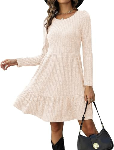 Zetieny Strickkleid Damen Langarm Elegant Rundhals A-Linie Knielang