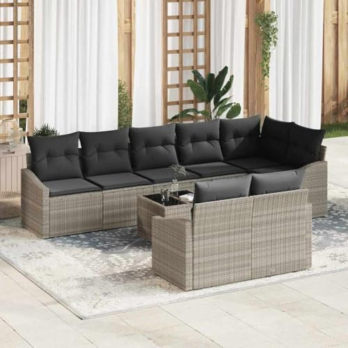 QJBSAVVA Garten Essgruppe Hellgrau Polyrattan Gartenmöbel Set mit Stauraum 9-TLG Modular Outdoor Sofa Eckbank für Balkon Terrasse bis 8 Sitzplätze