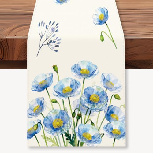 WADORN Tischläufer Mit Blauem Mohnblumenmuster, 183x33cm Tischläufer Mit Blauem Blumenmotiv Im Landhausstil Für Küche Esszimmer Und Schreibtisch – Ideal Für Zuhause Feiertage Und Partys