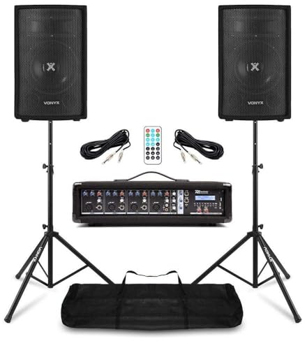 Power Dynamics & Vonyx PA Anlage für Bands Anfänger Set – 8 Zoll Lautsprecher mit Stativen – 4 Kanal Mixer mit Verstärker & Bluetooth – 800 Watt Komplette Band Anlage mit USB, SD & Tasche