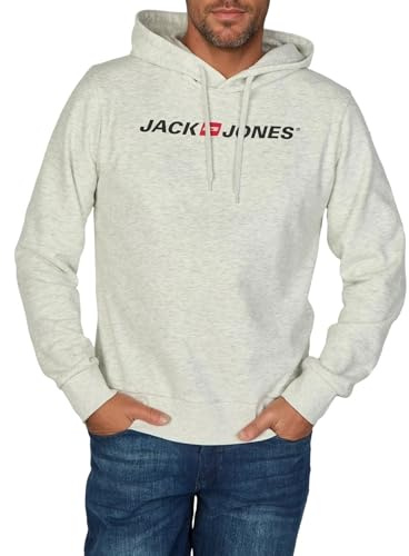 JACK & JONES Hoodie Herren mit Druck JJMORTY Regular Fit Kapuzenpullover Pullover Sweatshirt, Größe:XL, Farbe:White Melange (12303641)