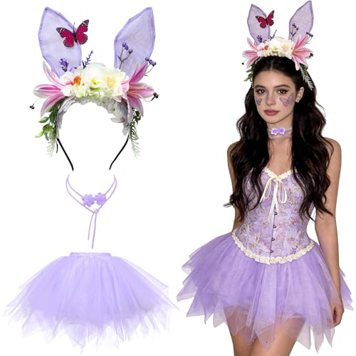 SilverChry Costume Adulto Coniglio, Vestito Carnevale Donna con Fascia Fleur Finta, Collana di Fiori, Gonna di Tulle, Costume d'elfe Adulte, Perfetto per Pasqua, Compleanno, Festa In Maschera (Viola)