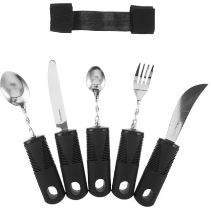 ibasenice Set Posate Adattabili per Anziani e Disabili Cucchiaio e Forchetta Pieghevoli Anti-Vibrazione Manico Ergonomico in Acciaio Resistente Fascia di Fissaggio per Assistenza Pasti