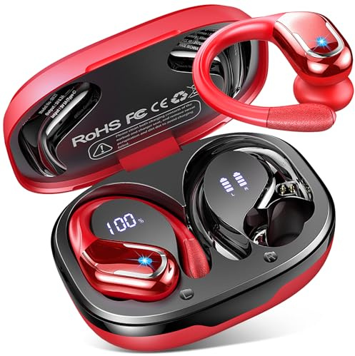 Wireless Earbuds Sport, 75Hrs Bluetooth 5.4 Headphones HiFi Stereo, 4 ENC Noise-Cancelling Mic Ear Buds, Running Earphones with Earhooks, USB-C, IP7 Waterproof, for Android iOS Gym Workout, Red