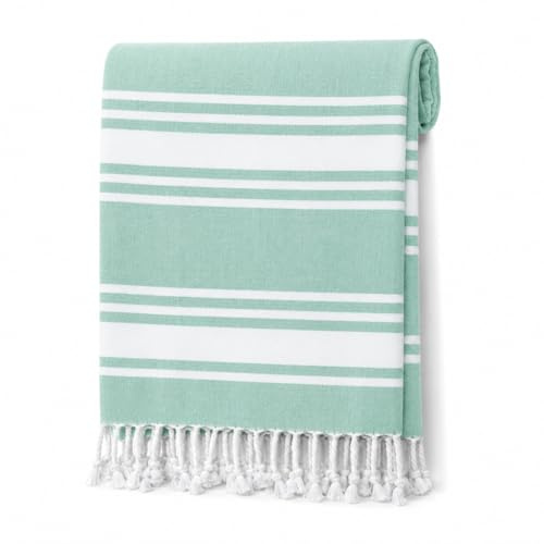 Adore Cotton Rich Hammam Beach Towel 90 x 170cm - Green Stripe | Lightweight Turkish-Style Flatweave With Tasselled Edges And A Quick-Drying Finish For Travel, Pool, Sauna And Holidays