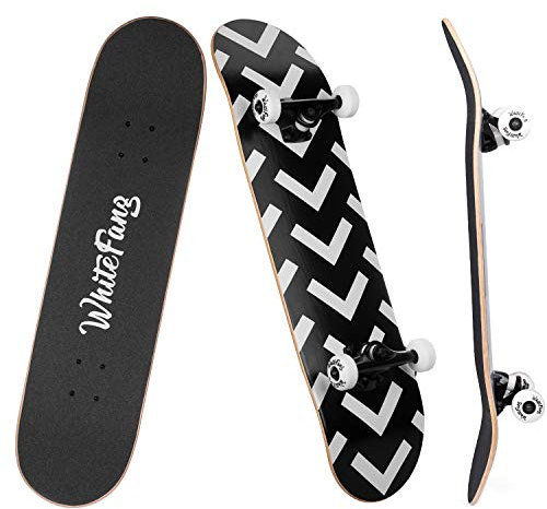 EPHIIONIY WhiteFang Skateboards für Anfänger, komplettes Skateboard 31 x 7,88 7 Schichten kanadisches Ahorn Double Kick Concave Standard und Tricks Skateboards für Kinder und Anfänger