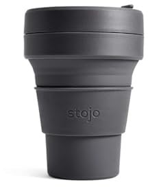 STOJO On-The-Go Collapsible Coffee Cup - 12oz / 355ml - Reusable & Foldable Silicone Travel Mug with Lid - Portable, Pocket Size - Dishwasher Safe - Carbon