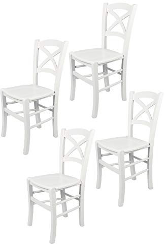 t m c s Tommychairs - 4er Set Stühle Cross für Küche und Esszimmer, robuste Struktur aus lackiertem Buchenholz im Farbton Weiss und Sitzfläche aus lackiertem Holz in der Farbe Weiss