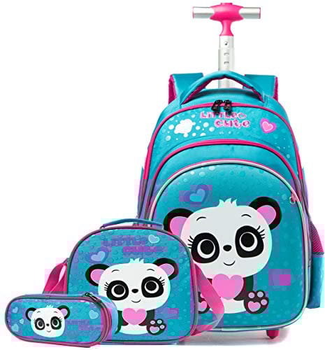 HTgroce Panda Schulranzen Rucksack Trolley mit 2 Rollen für Kinder Mädchen Junge,Nylon,Kinder Schultrolley Geeignet für Schule und Reise,Mit Essensbeutel und Federmäppchen