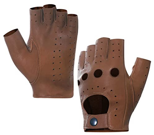 Harssidanzar Herren Fingerless Half Finger Leder Fahrhandschuhe Lammfell Ungefüttert Upgrade GM032EU,Satte, GrößeL