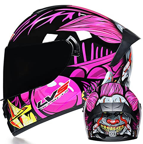 Herren und Damen Integralhelm Motorrad DOT Approved Motorrad Moped Street Bike Racing Sturzhelm, Herren und Damen mit grafischer Anti-Fog Doppel-Sonnenblende,Pink clown a,S 55~56cm