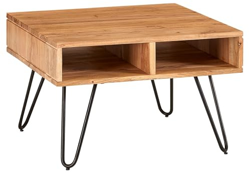 Wohnling Couchtisch 60x60x40 cm Akazie Massivholz/Metall Design Sofatisch Eckig, Stubentisch Holz mit Stauraum, Wohnzimmertisch Holz Quadratisch Braun