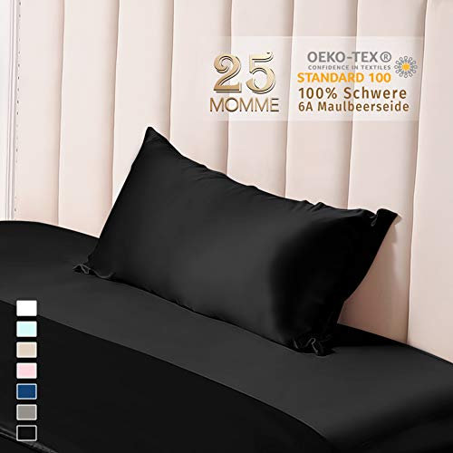 THXSILK 25 Momme Seide Kissenbezug für Haar und Haut - Maulbeerseide Kissenbezug - Hypoallergen mit Versteckter Reißverschluss - Pure Seide auf Beide Seiten … (Schwarz, 40x80cm)