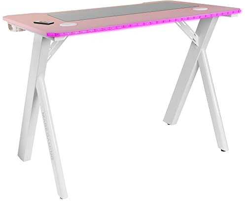 Mars Gaming MGD100RGB, Mesa Gaming Ergonómica RGB, Alfombrilla XXL, Soporte Auriculares y Bebida, Escritorio PC, 100x60cm, Rosa