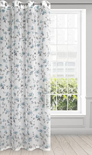 Eurofirany Jenny Transparent Blumen Gardine mit Ösen 1 STK. Leicht Leinenoptik Wohnzimmer Küche Kinderzimmer Schlafzimmer, Fenstervorhang, 140x250cm, Weiß und Blau, 401381