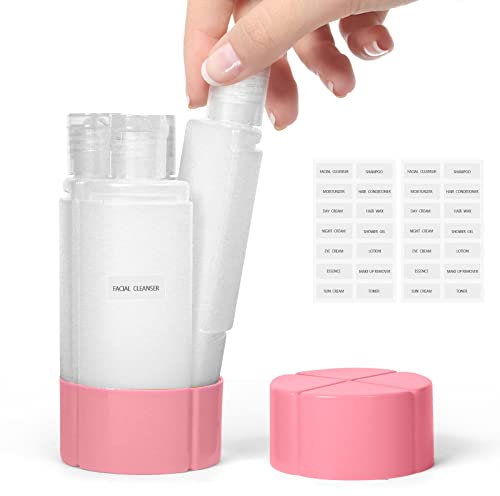 Olatay Botella de viaje, aprobada por la TSA, botella 4 en 1 a prueba de fugas, 4 x 60 ml, con 2 etiquetas preimpresas para viajes, gimnasio, camping, artículos de tocador de tamaño de viaje, botella