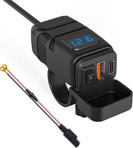Kriogor Motorcycle Car Charger with QC 3.0 USB Socket and Type-C Port, IP65 Waterproof Dustproof Motorbike USB Adapter with 6-30V LED Voltmeter and On/Off Switch for 12V Boat Marine SUV (Blue)