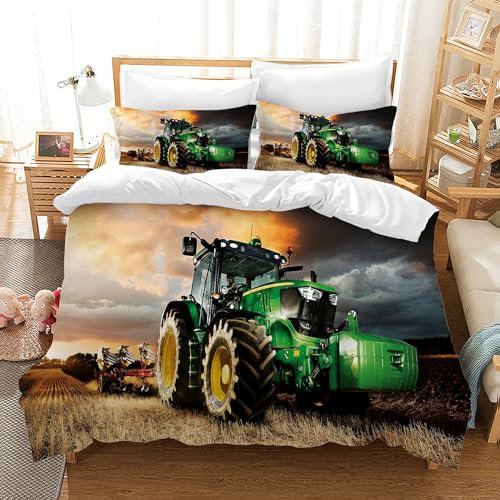 PQCXXA 3D Traktor Bettwäsche Set 135x200 cm 3teilig Grün Traktoren Mikrofaser Bettwäsche für Kinder Jungen,Kinder-Bettbezug mit Reißverschluss und 2 Kissenbezug 80x80 cm