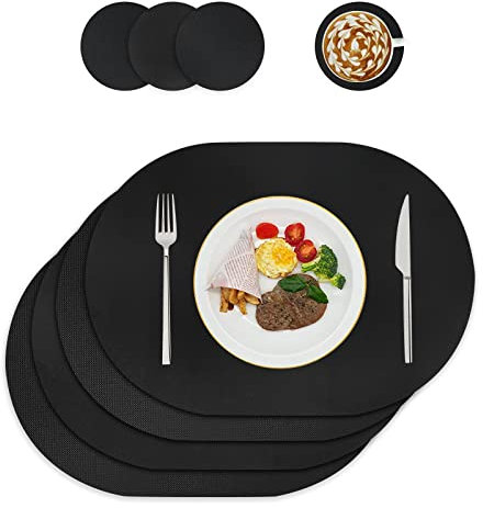Lot de 4 sets de table et dessous de verre en cuir lavables - Décoration de table ronde - Pour cuisine et table à manger (ovales, noir)