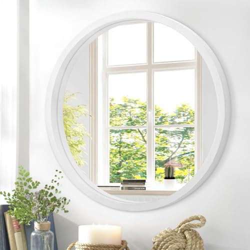 JJUUYOU Runde Wandspiegel 50CM geeignet für die Dekoration des Hauses Weiße Runde Spiegel geeignet für Badezimmer Wand Holzrahmen Spiegel geeignet für Wohnzimmer, Schlafzimmer, Badezimmer