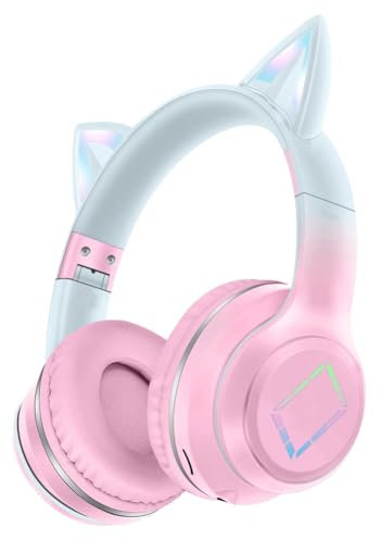 Usoun Kids Headphones,Cat Ear Bluetooth Kids Headphones with Led Light,Girls Headphones Wireless,SD Card,3.5mm Audio,Wireless/Wired Foldable Kids On Ear Headphones for Boys Girls Adults (Pink)