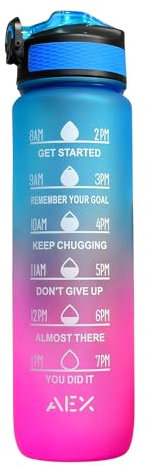AEX Sports Water Bottle 1L - 1 Litre Water Bottle with Straw - Motivational and Leak Proof Water Bottle - Gym and Cycling Water Bottle - BPA Free Water Bottle for Men and Women (DarkBlue-DarkPink)