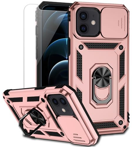 for iPhone 12 Mini Case with Camera Lens Cover Screen Protector, Dual Layer Military Grade Drop Protection Magnetic Ring Holder Kickstand Protective Phone Case for iPhone 12 Mini 5.4 inch (Rose Gold)