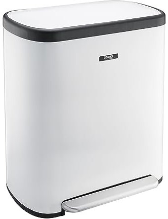 Cooks Professional Dual Recycle Bin 60L with Single Pedal | 2 x 30L Removable Compartments & Soft Close Lid | Double Section Stainless Steel Kitchen or Office Dustbin for Recycling or Waste | White