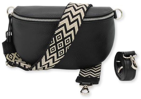 BRISE Bauchtasche Damen Echtleder SAHEL Silber Handgemachte Umhängetasche Crossbody Bag Hüfttasche mit Ledergurt + Optionalen Breiten Gemusterten Riemen Gürteltasche Made in Italy (Schwarz-Silber 3)