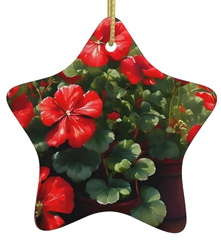 Adorno de Navidad personalizado de geranios rojos, colgante de estrella de cerámica personalizable para decoración de árbol de Navidad, colgante de árbol de Navidad