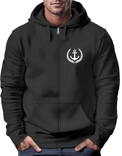 Neverless® Herren Sweatjacke mit Kapuze Zip-Hoodie Motiv Anker Meer Boot Männer Fashion Streetstyle schwarz 4XL