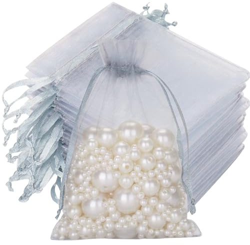jijAcraft Organzasäckchen Hochzeit Silbergrau Organza Beutel 10 * 15CM, 50 Stück mit Kordelzug, Bonbons Geschenk Schmuckbeutel, Geschenktüten für Hochzeiten