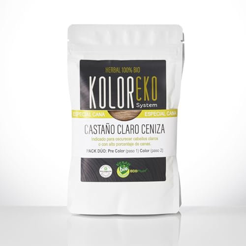 KOLOREKO Tinte natural CASTAÑO CLARO CENIZA - Pack DÚO especial canas - precolor CENIZA + tinte CASTAÑO CLARO