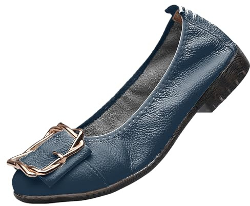 ANUFER Women's Genuine Leather Ballerinas Fashion Metal Buckle Soft Flat Pumps Shoes