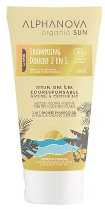 Shampoing douche 2 en 1 ALPHANOVA organic SUN®, Monoï, Aloe Vera, Vitamine E, Acide hyaluronique, Extraits de concombre et de camomille, SPF 30