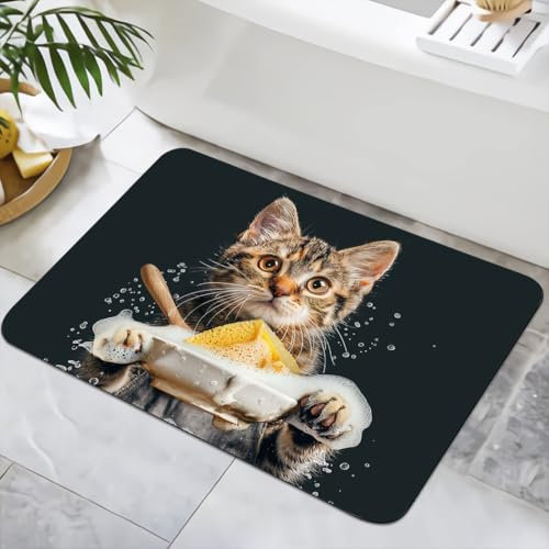 YISUMEI Badematte rutschfeste Badteppich 40x60cm Waschbar Schnelltrocknende Badezimmerteppich, Duschvorleger für Dusche, Badewannen, WC Deko (Hausarbeit Kätzchen-1)