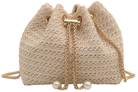 TOFBS Sac a Main Femme Pochette en Paille Tissée Plage d'Été Embrayage Soirée Sacs à Bandoulière avec Chaîne Métal pour Fête Mariage Vacances Boule (Beige)