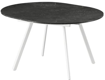 B&D home runder Esstisch LIV, ausziehbar Butterfly Klappeinlage 120-150cm für 4-6 Personen Küchentisch Holztisch Esszimmertisch Metallgestell weiß, Industrial modern Design, Marmor 11210-FW-MSCH