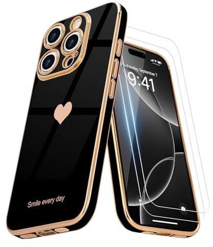Teageo for iPhone 16 Pro Max Case with 2 Screen Protector Heart Pattern for Women Girls Luxury Bling Plating Soft TPU Anti-Scratch Shockproof Bumper Phone Case for iPhone 16 Pro Max, Black
