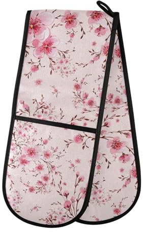 Oven Gloves Double Oven Gloves Pink Cherry Blossom Flowers Oven Mitts Pot Holder Heat Resistant Quilted for BBQ Baking Kitchen Cooking Gloves