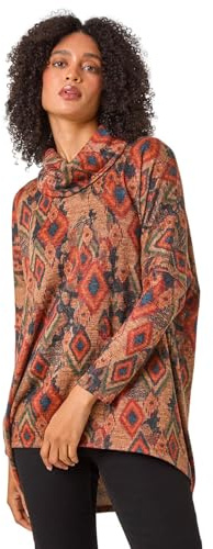 Roman Originals Print Relaxed Cowl Neck Tunic Top for Women UK - Ladies Everyday Autumn Winter Comfy Soft Evening Vacation Work Party Night Out - Tan - Size 16
