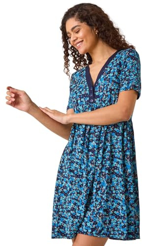 Roman Originals Floral Print Contrast Band Dress for Women UK - Ladies Everyday Holiday Spring Summer V-Neckline Comfy Soft Evening Vacation Work Party - Navy - Size 20