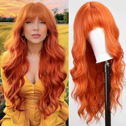 PORSMEER Damen Perücke Lang Lockige Orange Perücken mit Pony,Natürliche Synthetische Hitzebeständige Haare,24Zoll,Frauen täglichen Gebrauch, Party, Cosplay, Kostüm