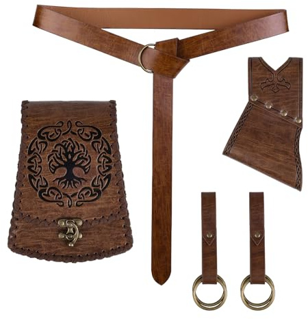 HiiFeuer 5 pcs Sword Frog Accessories Set Viking Costume Accessories, Norse Belt Bag Renaissance Skirt Hike for Ren Faire (Brown A)