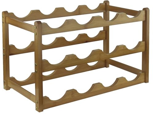 FUREINSTORE Botellero Vino de Madera Bambú | Estante Organizador Expositor Autoportante de 12 Botellas | para Mesa Bar Cocina Bodega Encimera Almacenamiento Hogar (Marrón, 3 Niveles 12 Botellas)